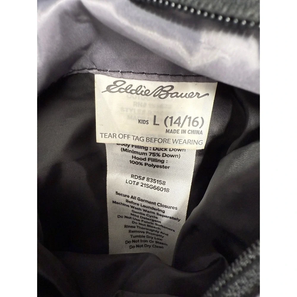 Eddie Bauer Reversible Hooded Puffer Jacket Ombre‎ Black Grey Down Fill Youth L